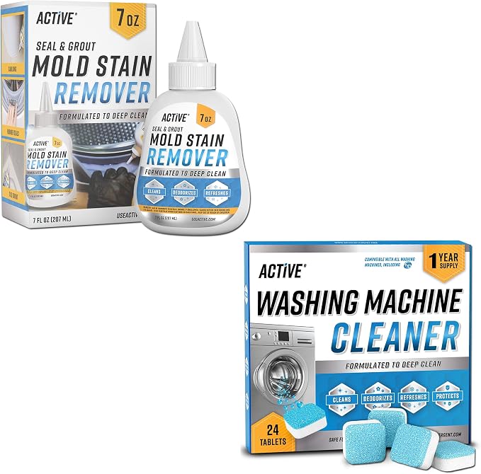 ACTIVE Washing Machine Cleaner and Mold Stain Remover - Includes 24ct Washer Cleaning Tablets and 7oz Mildew Stain Remover Gel