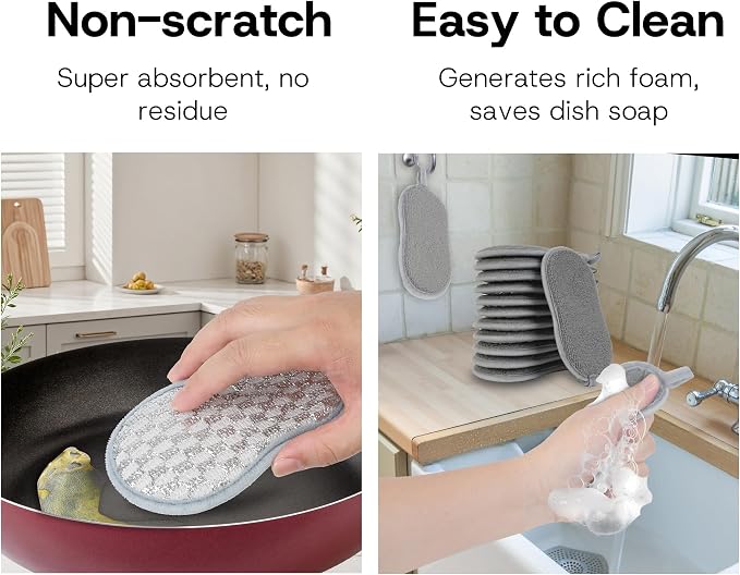 Multi-Purpose Scrub Kitchen Sponges – 12 Pack Dish Sponge, Dual-Sided Non-Scratch Microfiber & Metal Scrubber, Reusable Sponges for Dishes, Pots, Glass, Sink, Stovetop & Bathroom (Gray)