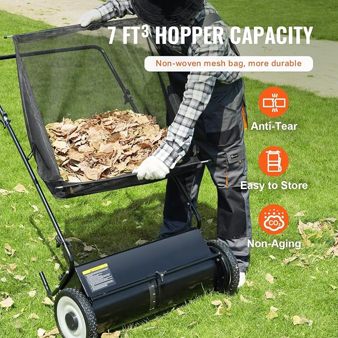 26 Inch Push Lawn Sweeper, Hand Powered Leaf & Grass Sweeper with 7 Cu Ft Hopper, 4 High-Speed Brushes, Height Adjustable, ABS & Steel Frame for Yard Lawn Cleanup (Black 2, 26 Inch)