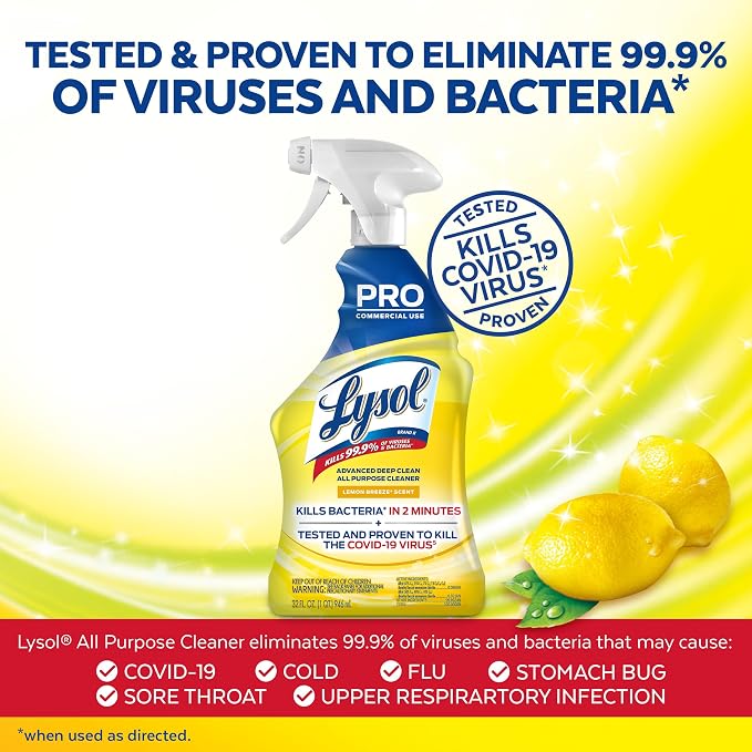 Lysol Pro All-Purpose Cleaner - Advanced Deep Cleaning Sanitizing and Disinfecting Spray - Lemon Breeze Scent - 32 oz Bottle (946 ml) - Pack of 12 - Commercial Use for Hotels, Facilities, Offices