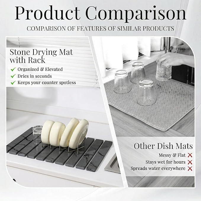 Diatomaceous Stone Dish Drying Mat with Collapsible Steel Rack - Quick Dry Kitchen Counter Set, Space Saving Foldable Dryer (Gray Marble, 23.6" x 15.3")