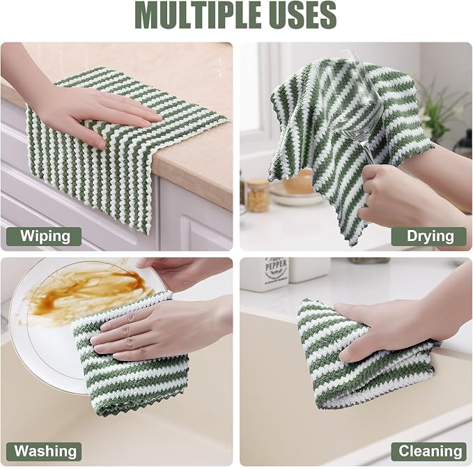 Homaxy 24 Pack Kitchen Dish Cloths, Ultra Soft and Absorbent Dish Towels, Reusable Fast Drying Microfiber Cleaning Cloth, Coral Velvet Wave Design No-lint, 10 x 10 inches, Grass Green