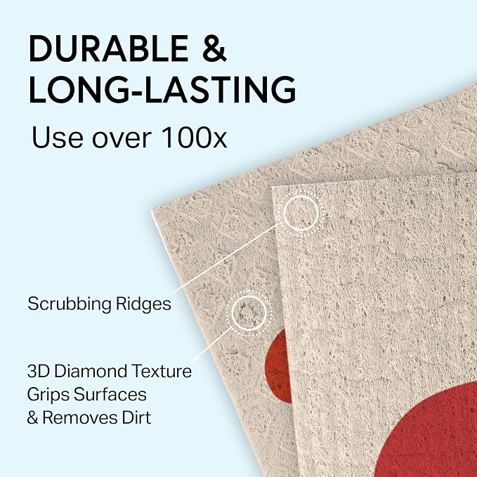 Swedish Wholesale Dishcloths Reusable 8" x 7" Sponge Cloths, Bulk 10 Pack of High Absorbent Cellulose Dish & Kitchen Cleaning Hand Towels, Wring to Dry & Machine Wash, Odor Resistant, Red Flower