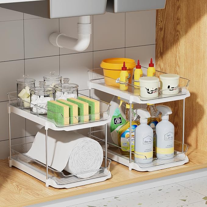 Delamu 3 Pack 2-Tier Bathroom Under Sink Organizers and Storage, Multi-Purpose Stackable Pantry Organization and Storage, Pull Out Clear Kitchen Bathroom Cabinet Organizer with Movable Dividers, White