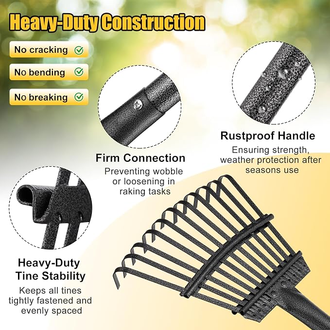 Rake for Leaves: Small Metal Garden Rake, 8.5" Wide, 11 Metal Tines,Heavy Duty Lightweight Kids Leaf Rakes for Small Lawn Yard Shrub,Tight Spot Garden Bed Leaf Debris Picking Cleaning, 60” Long Handle