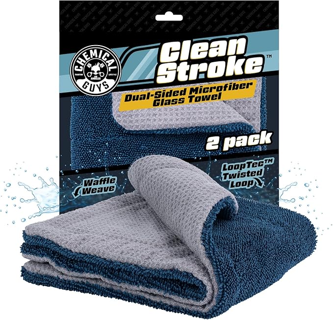 Chemical Guys, Clean Stroke Dual-Sided Glass Towels, 16 x 16 in, 2 Pack | Streak-free, lint-free dual-sided towels wipe glass and mirrors clear, scratch-safe for cars, trucks and home