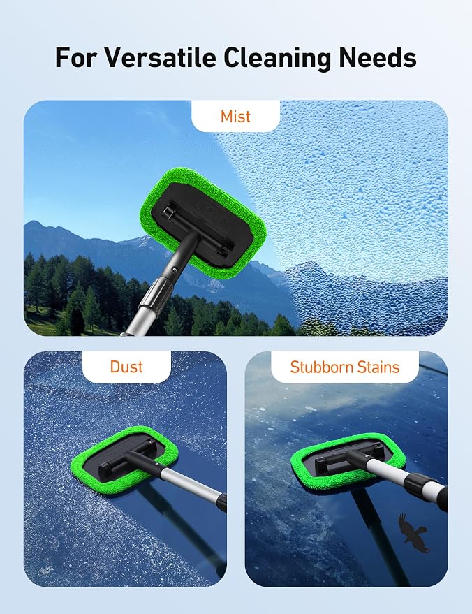 AstroAI Windshield Cleaner, Microfiber Window Cleaner with 4 Reusable Washable Large Sponge Pads, Extendable 180° Rotating Handle, Fits Cars & SUVs, Includes Spray Bottle, Green
