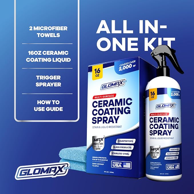 Home Ceramic Coating Spray Kit (16 oz) - Shine, Seal & Protect Stainless Steal, Glass, Kitchen & Bath Surfaces - Extremely Hydrophobic - Repels Stains & Grime - Includes 2 Micro Fiber Towels