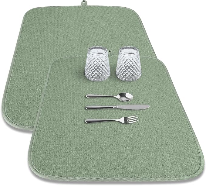 Kitsure Dish Drying Mat - 2-Pack Washable Microfiber Drying Mat for Kitchen Counter, 3-Layer Ultra Absorbent Pad with a Hanging Hook, 20" x 14", Green