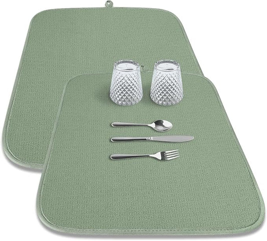 Kitsure Dish Drying Mat - 2-Pack Washable Microfiber Drying Mat for Kitchen Counter, 3-Layer Ultra Absorbent Pad with a Hanging Hook, 20" x 14", Green