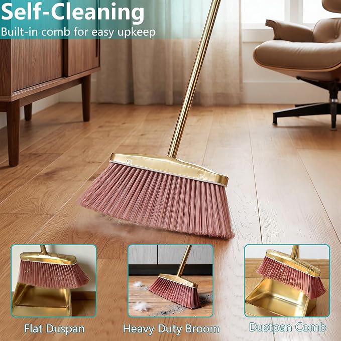 Broom and Dustpan Set Heavy Duty, Gold Stainless Steel Broom with Dustpan Combo Set, Long Handle Upright Metal Dust Pan with Comb Teeth for Pet Hair, Home, Kitchen and Office (Golden Teeth)