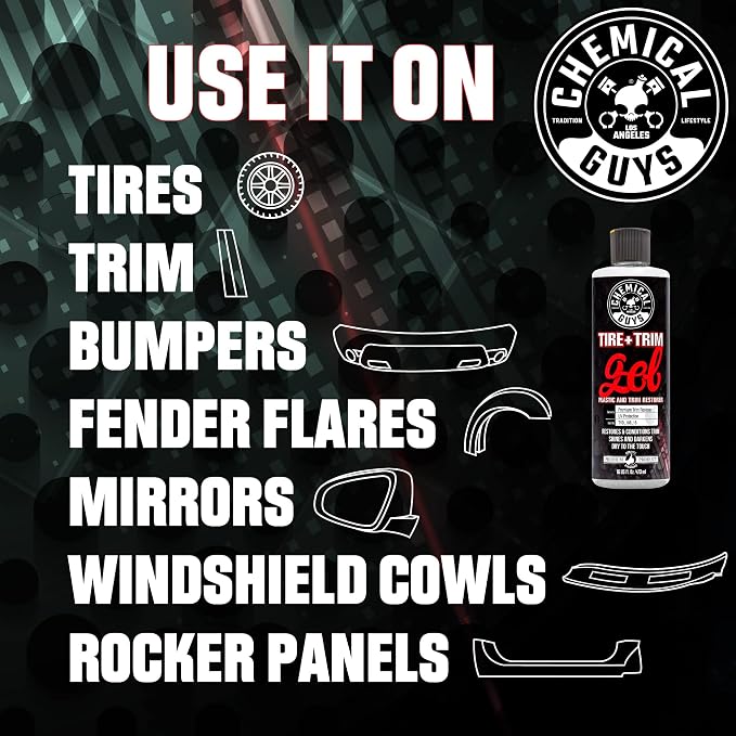 Chemical Guys, Tire & Trim Gel for Plastic & Rubber, Restores Shine, 16 oz | Thick gel restores faded tires, trim and bumpers with a deep shine and a protective layer, non-greasy