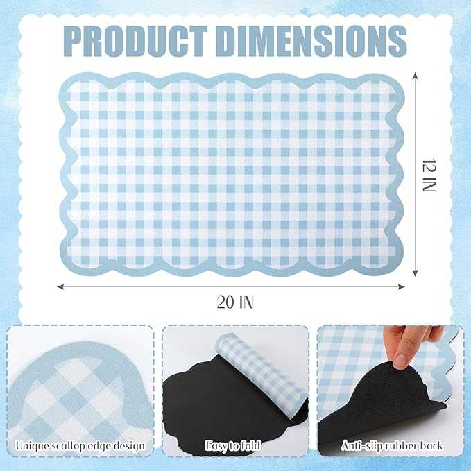 Scalloped Gingham Coffee Mat 12" x 20" Absorbent Coffee Bar Mat Gingham Espresso Matt for Counter(Light Blue)