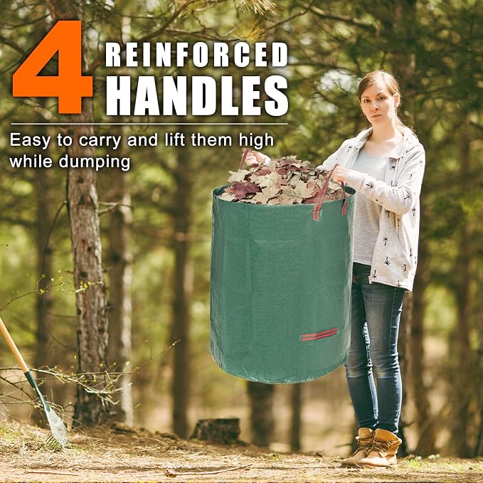72 Gallon 6 Pack Leaf Bags Reusable for Lawn & Garden | Heavy duty, Standable, With 4 handles, Includes gardening gloves, Ideal for leaves, Grass clippings, Camping, and recycling
