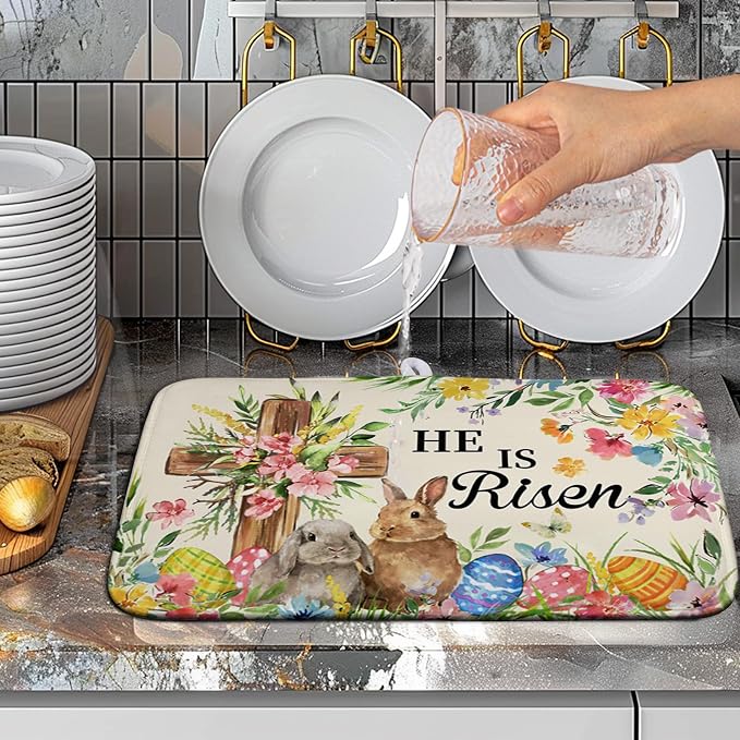 Easter He Is Risen Bunny Dish Drying Mat for Kitchen Counter Spring Easter Cross Floral Eggs Drying Pad 16x18 In Microfiber Absorbent Holiday Dishes Drainer for Kitchen Counter Tableware