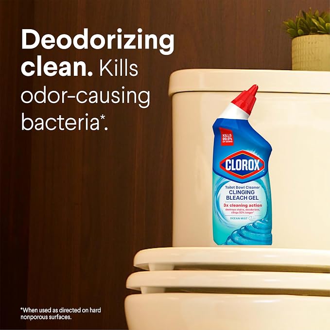 Clorox Toilet Bowl Cleaner Clinging Bleach Gel, Kills 99.9% of Bacteria and Viruses, Ocean Mist, 24 Fl Oz, Pack of 2