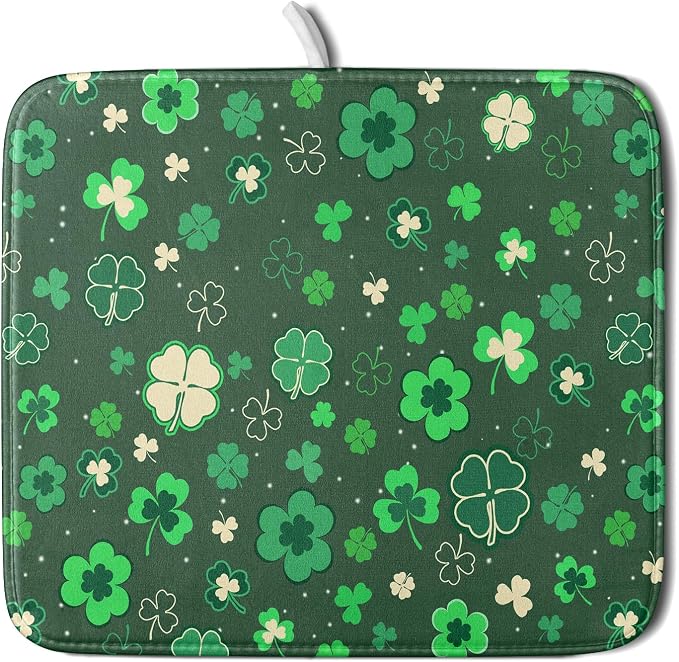 Happy St. Patrick's Day Dish Drying Mat for Kitchen Green Lucky Shamrock Clover Dish Drying Mat for Dishes Spring Irish Drying Mats 18x16 Inch Absorbent Reversible Dish Pad for Countertop Coffee Bar