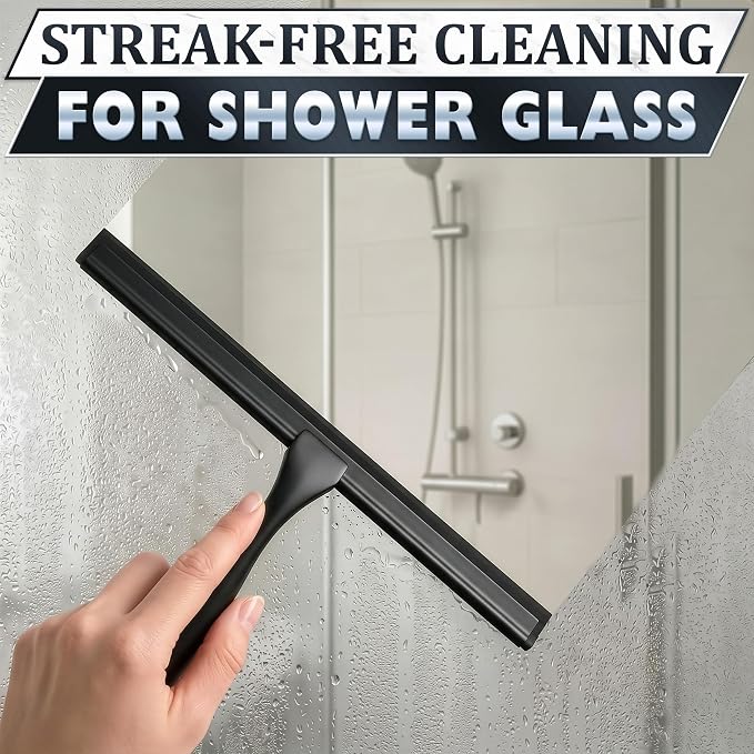 Black Squeegee for Shower Glass, 10" Silicone Blade, Stainless Steel | Shower Door Squeegee with Hook, Adhesive Mount; All-Purpose Bathroom Tile, Mirror, & Window Wiper for Streak-Free Cleaning