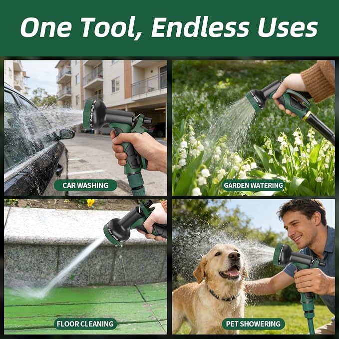 Besiter Garden Water Hose Nozzle, Water Spray Nozzle with 10 Spray Modes Suitable for Watering Plants, Iawns and Gardens, Car Washing, Cleaning, Showering Pets and Outdoor Fun, Green