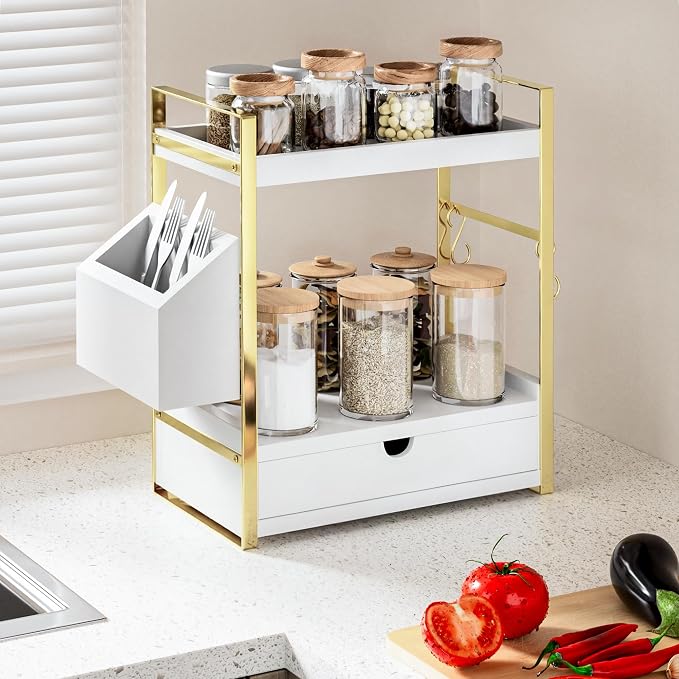 2-Tier Bathroom Counter Organizer with Drawer and Basket, Wood Countertop Organizer for Storage, Skincare Organizers for Vanity, Counter Shelf for Bathroom Organization(White-gold)