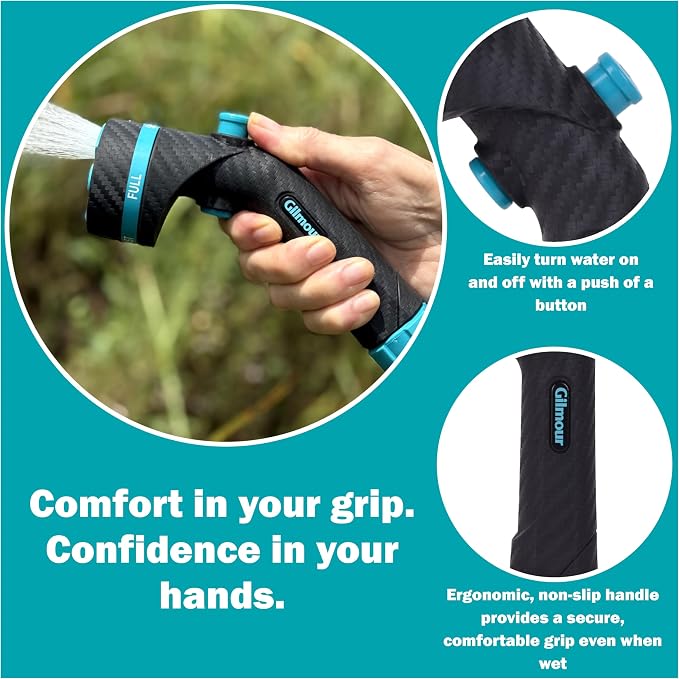 Gilmour Heavy Duty Button Control Garden Hose Nozzle with Swivel Connect | 5 Spray Patterns, Ergonomic Grip, Flow Control, Durable Graphite Metal Build, Multi Use for Plants, Pets, Cars, and Patios