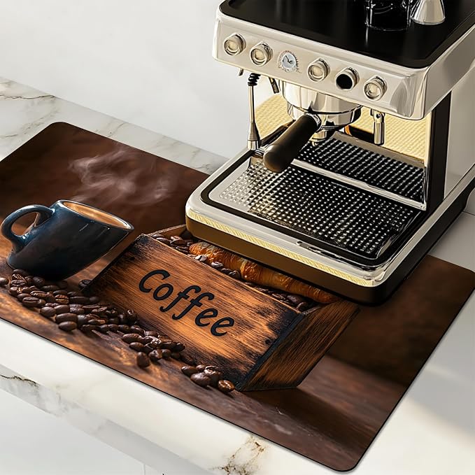 Dish Drying Mat Large Coffee Mat Absorbent Drying Mat for Kitchen Counter Coffee Bar Accessories 32"x 17", Coffee and Bread 1