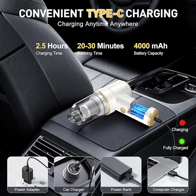 KMM Handheld Car Vacuum Cleaner, 9000PA Hand Held Vacuum & Air Duster | Strong Suction, 120W High Power, Portable, Cordless, Multi-Nozzles & LED Light, for Home, Car, Office