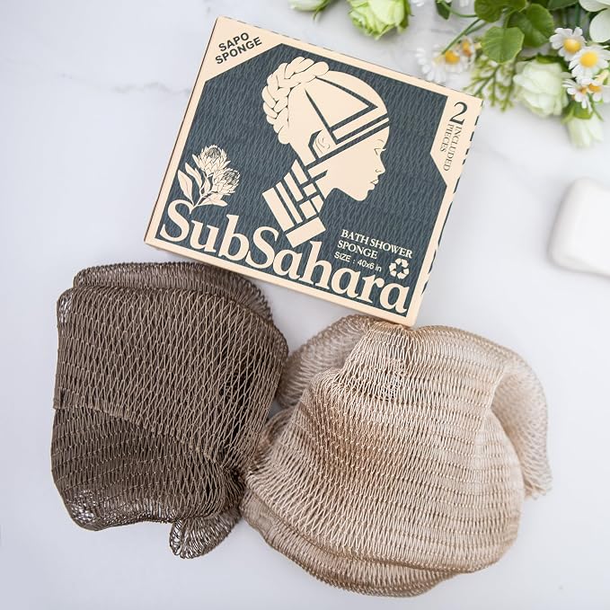 SubSahara Authentic African Net Sponge - 2 Pack Exfoliating Bath & Shower Loofah Sponge for Body & Face, Gentle Scrubber for All Skin Types, Travel, Durable (Linen & Brown)