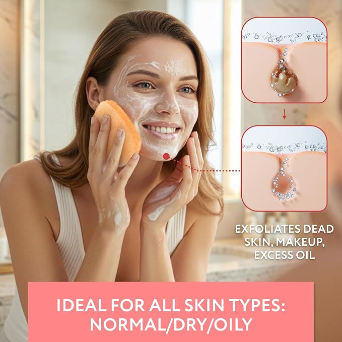 IMPRESA Facial Sponge - Daily Deep Cleansing Face Scrubber - Gentle Exfoliating Pads for Dead Skin Removal - Reusable Face Scrub Pads for Normal to Oily Skin (Natural, Regular)