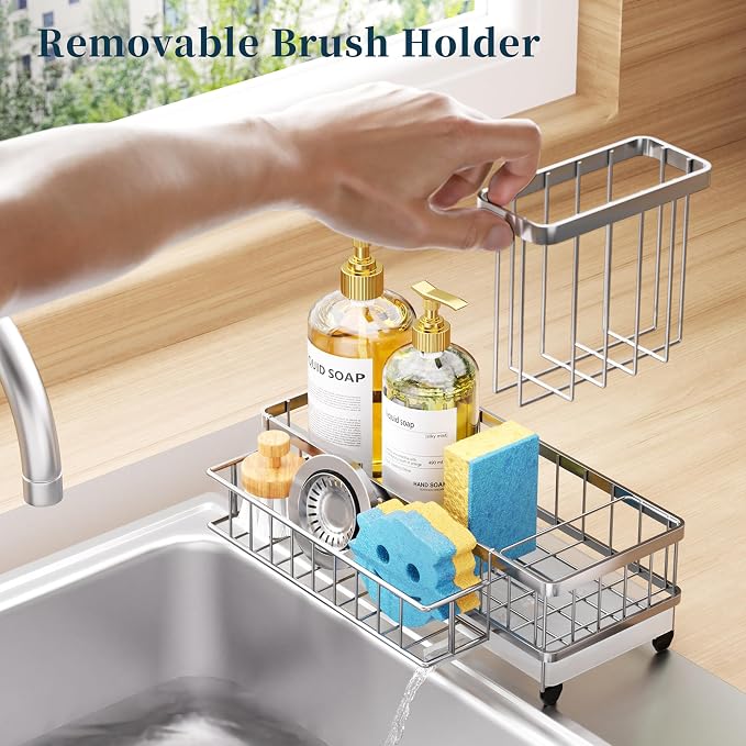 Consumest Sponge Holder for Kitchen Sink - Auto Draining Sink Caddy Organizer with Detachable Rack, High Brush Holder, Kitchen Countertop Storage Accessories, Silver-Large