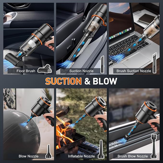 KMM Handheld Car Vacuum Cleaner, 11000PA Hand Held Vacuum & Air Duster | Strong Suction, Cordless, 120W High Power, Portable, Multi-Nozzles & LED Light, for Home, Car, Office