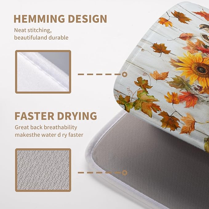 Fall Dish Drying Mat for Kitchen Counter Pumpkin Sunflower Maple Leaf Birds Drying Mats Autumn Thanksgiving Harvest Dish Drainer Mat Absorbent Microfiber Dishes Pad Large 18x24 Inch