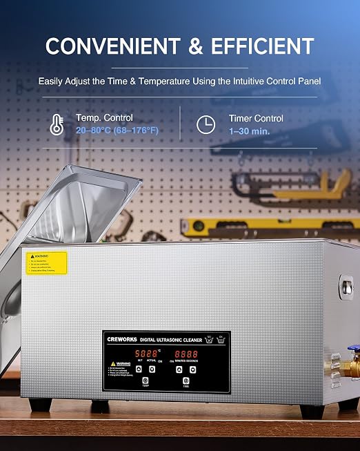 CREWORKS 22L Digital Ultrasonic Cleaning Machine with Heater and Timer, 480W Stainless Steel Ultrasonic Cleaner Machine, 5.8 gal Ultrasonic Parts Cleaner for Retainer Glasses Auto Tool Machine Part