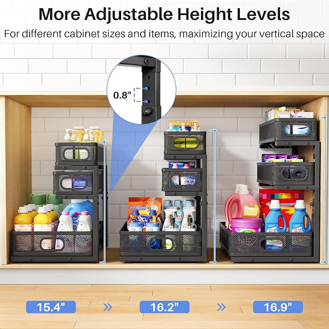 Under Sink Organizer, 3-Tier Thickened Metal Pull out Cabinet Organizer Shelf, Height Adjustable Slide out Storage Drawer Rack for Kitchen Bathroom Pantry Laundry Home Organization, 2-Pack, Black | 35% More Storage Capacity, Carbon Steel, Hold Up 55lbs...