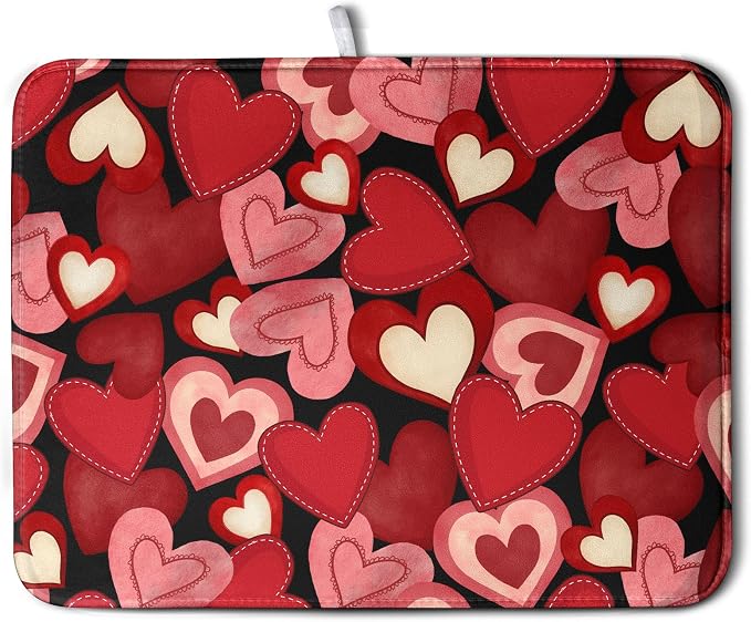 Valentine Dish Drying Mat for Kitchen Counter Red Black Love Heart Drying Pad Microfiber Absorbent Coffee Bar Mat Heat Resistant Countertop Protector Dishes Drainer Mat 18x24 Inch