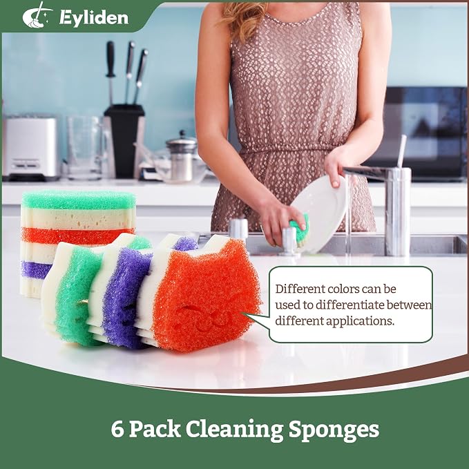 Eyliden 6 Pack Scrub Sponge, Dual-Sided, Smart-Temp Firmness, Dish Scrubber | Non-Scratch, Multi-Surface Safe Cleaning Sponges for Kitchen, Bathroom, Dish Scrubbing, Cute Cat Smile Design