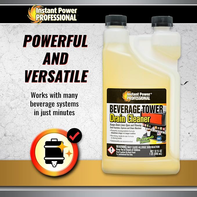 Instant Power Beverage Tower Drain Cleaner - Sink Clog Remover, Drain Defense for Beverage Systems, Made in USA - 32 Fl Oz 12 Pack