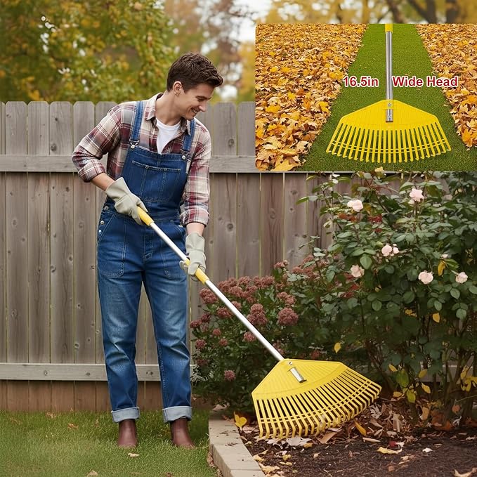 Lightweight Leaf Rake for Lawns - Anti-Break Nylon Plastic Head,Easy Yard & Garden Rake for Women,Seniors,Kids, 16.5" Wide for Leaves, Grass,Pine Needles,Gardening,Adjustable 35–65" Long Handle