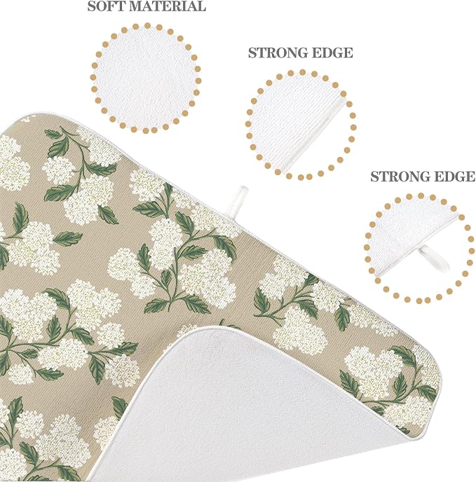 Beige Dish Drying Mat 18x24 Inch Khaki Green Vintage Floral Hydrangea Flower Drying Mat Spring Summer Seasonal Absorbent Dish Drying Pad Dish Rack Drainer Mats for Kitchen Dining Counter