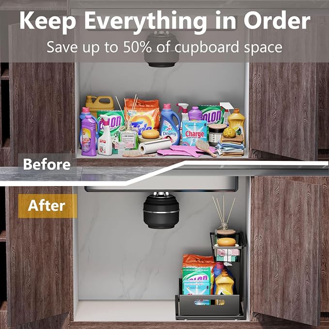 Ceetug Slide Out Under Sink Organizers and Storage, Black, 1 Pack | 2 Tier, Sturdy Metal, Cabinet Organizer, for Kitchen Bathroom