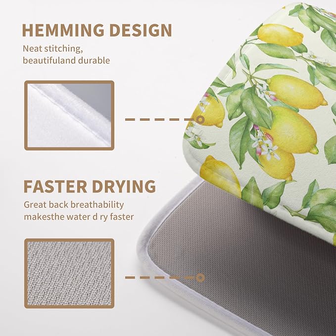 Summer Lemon Drying Mat Watercolor Fruit Yellow Lemon With Green Leaf Floral Dish Drying Mats for Kitchen Counter 18×24 Inch Microfiber Absorbent Dish Pad