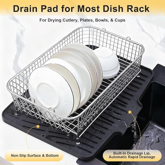 Silicone Dish Drying Mat for Kitchen Counter,Non-Slip Dish Drying Pad with Drain Lip,Heat Resistant Sink drying Mat for Dishes,Large Rubber dish drain mat dish rack mat (Black,15.8"x13")