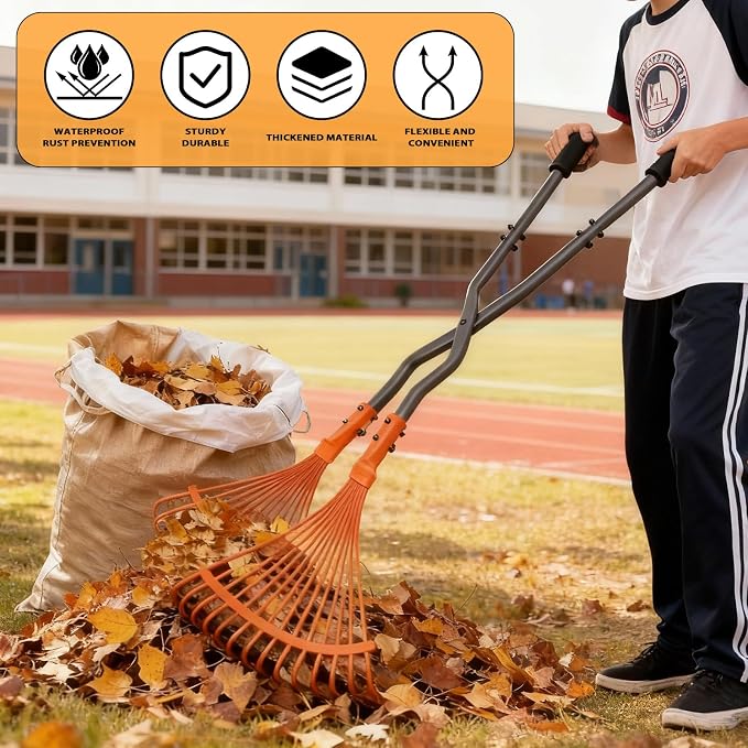 Garden Rake, Black Orange Plastic Fan Design, Heavy Duty Lawn Leaf Collection Tool