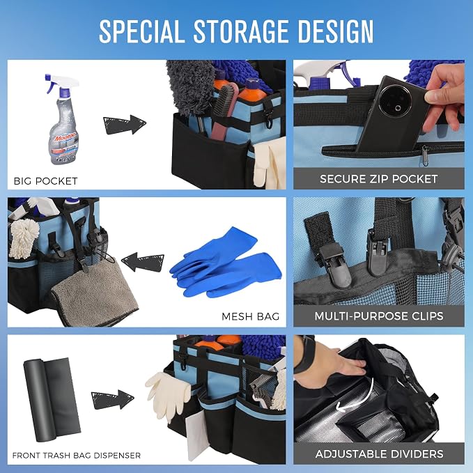 SCAVATA Wearable Cleaning Caddy, Cleaning Caddy Supplies Organizer with Handle & Shoulder Straps for Housekeepers, Under Sink & Car Cleaning Tool Organizers Bag with 4 Foldable Divider (Blue)