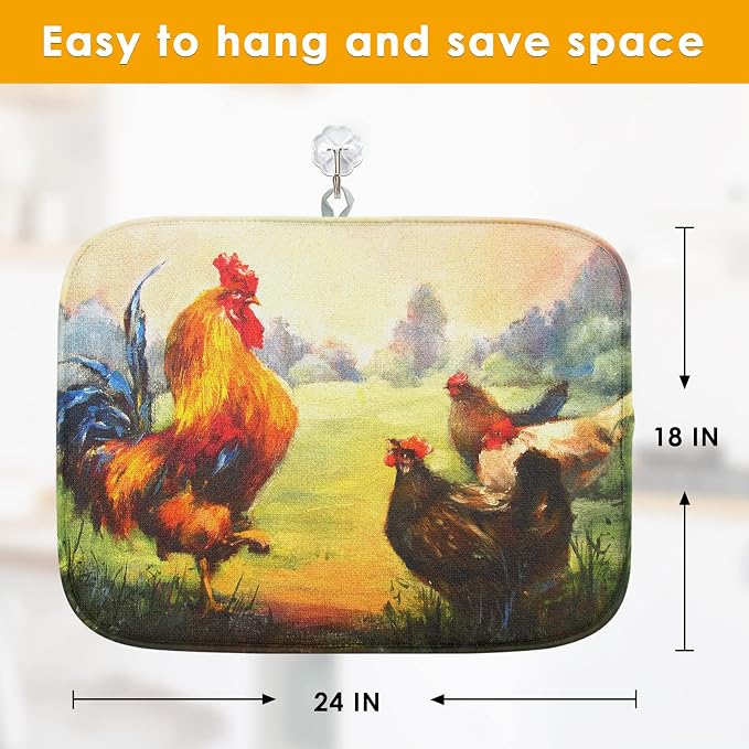 Sanwarm Absorbent Dish Drying Mat, Multicolor Oil Realistic Rooster Chickens Microfiber Pad for Kitchen Counter, Coffee Bar Decor, Heat Resistant and Reversible, 18" x 24"