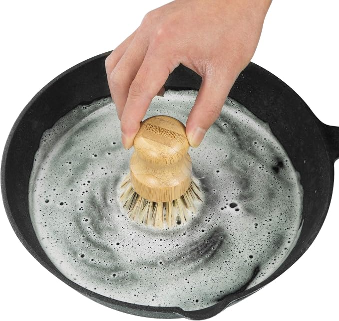 GREENTH PRO Palm Pot Dish Brush- Nature Bamboo 2 Packs Mini Durable Scrub for Kitchen Cleaning with Ceramics Holder