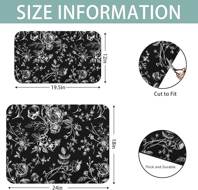 Dish Drying Mat 2-Pack in Black White Floral for Kitchen Counter Dishes | Diatom Mud Mats (18x24, 19.5x12"). Non-slip rubber back for kitchen counter, coffee bar & sink scenes