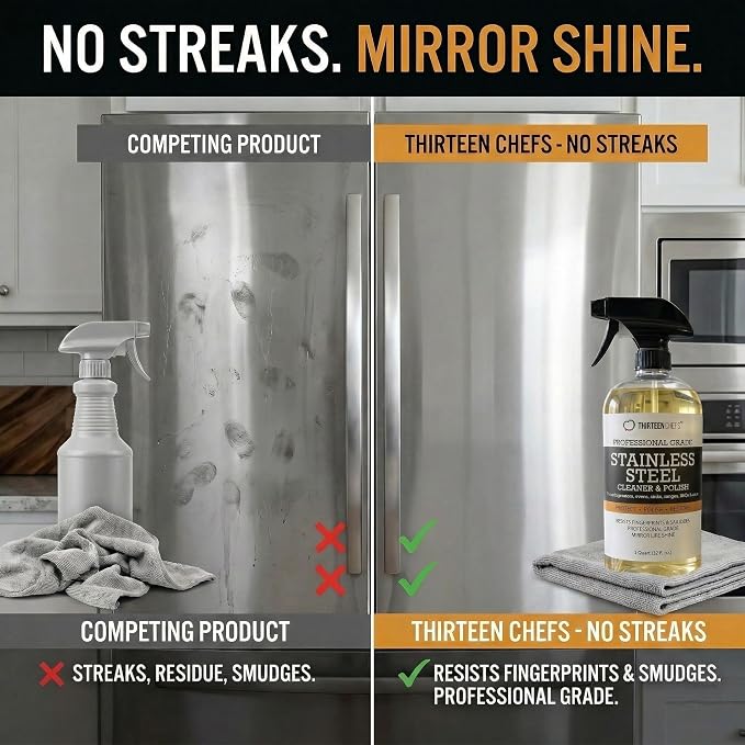 Thirteen Chefs Stainless Steel Cleaner and Polish for Fridge, Oven, Cooktop, Kitchen Appliances, BBQ and Ranges – 16oz