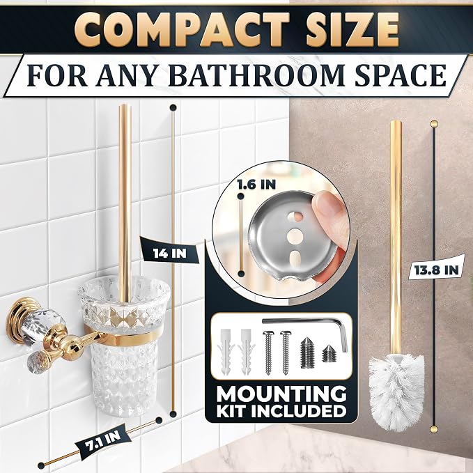 Gold Stainless Steel Toilet Brush with Crystal Toilet Brush Holder Set – Wall Mounted Holder, Replaceable Head, Decorative Space-Saving Design Bathroom Toilet Accessory Elegant Toilet Bowl Cleaner Set