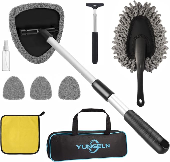 9 PCS Windshield Cleaning Kit,Car Cleaning Kit Interior Cleaner Extendable Car Window Cleaner with Mirror Squeegee,Microfiber Pads,Spray Bottle & Storage Bag for Auto Interior Detailing